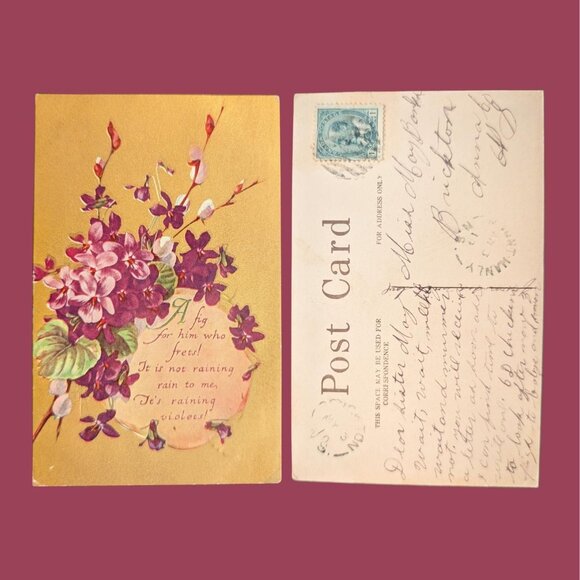 Vintage Postmarked 1908 Postcard Art Nouveau Violet Poem - Picture 1 of 2